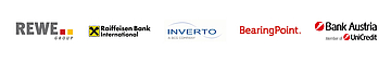 Logos (v. l. n. r.): REWE, Raiffeisenbank International, Inverto, BearingPoint, UniCredit Bank Austria